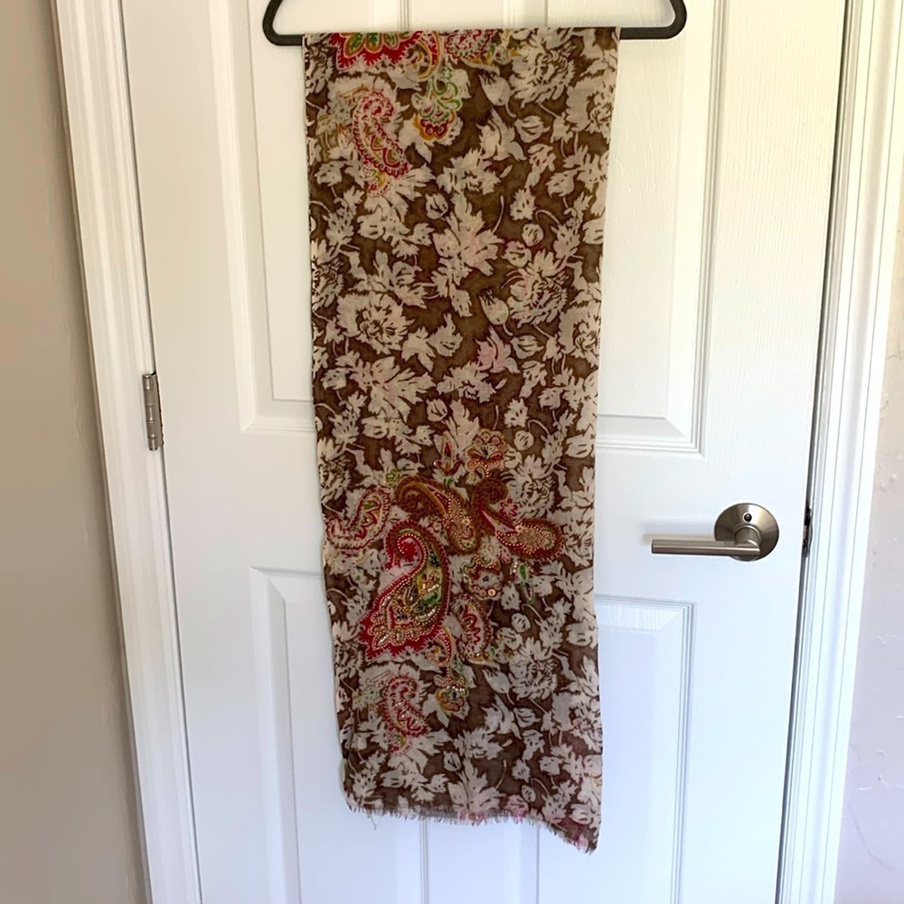Tolani boho print wool and silk scarf with embroidery and beading made in India